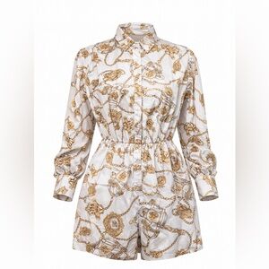 Boohoo White Romper with Gold Chain Print